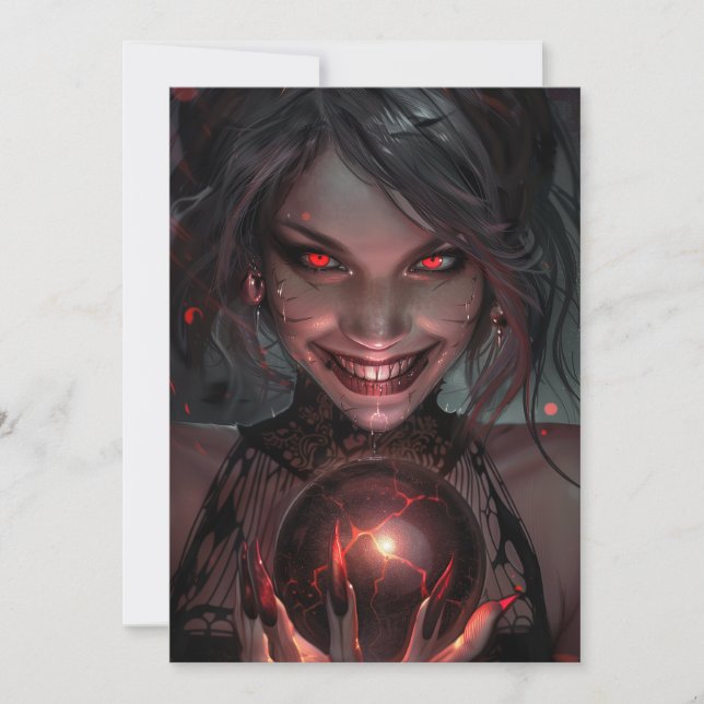 Invitación Vampiro femenino sonriendo con un orb (Anverso)