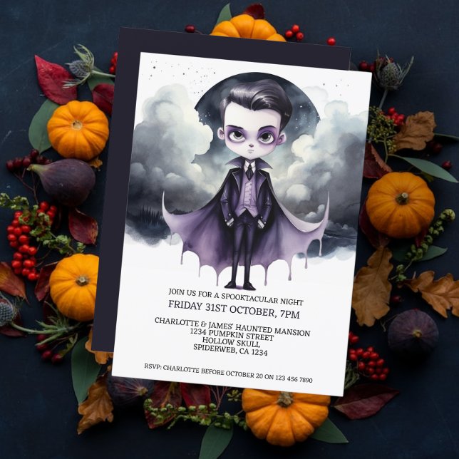 Invitación Vampiro lindo de Halloween bajo una luna llena (Halloween Cute Vampire Under a Full Moon Invitations from Ricaso. Halloween Party invites)