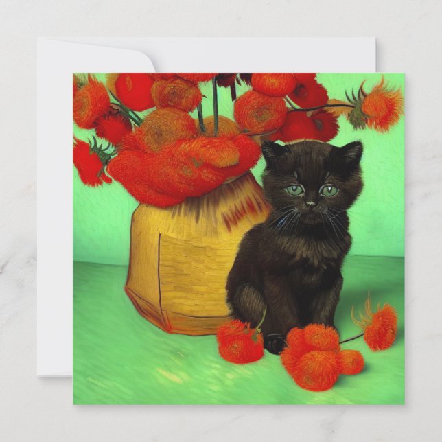 Invitación Van Gogh Black Kitten Red Flowers (Anverso)