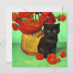 Invitación Van Gogh Black Kitten Red Flowers