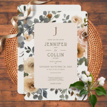 Vanilla White Boho Roses Cream Wedding Invitation