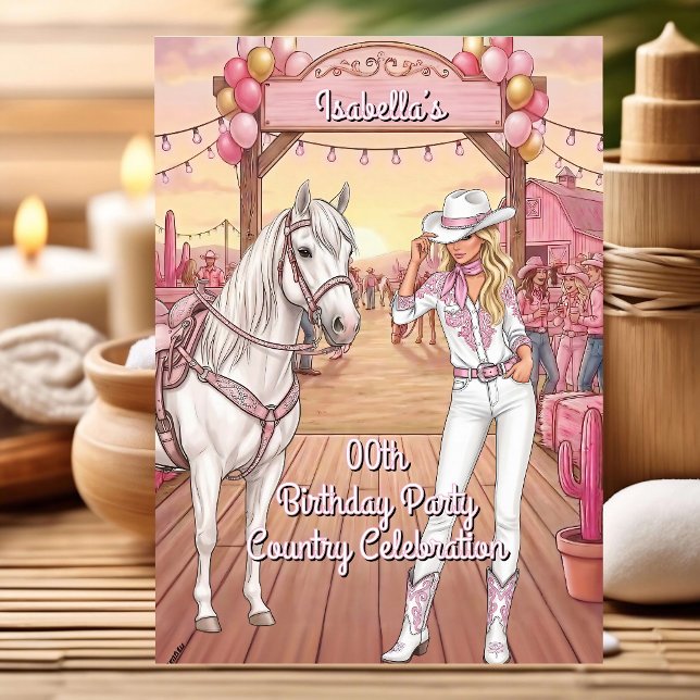 Invitación Vaqueira Caballo Rosa Blanco Rancho Fiesta Cumplea (Subido por el creador)