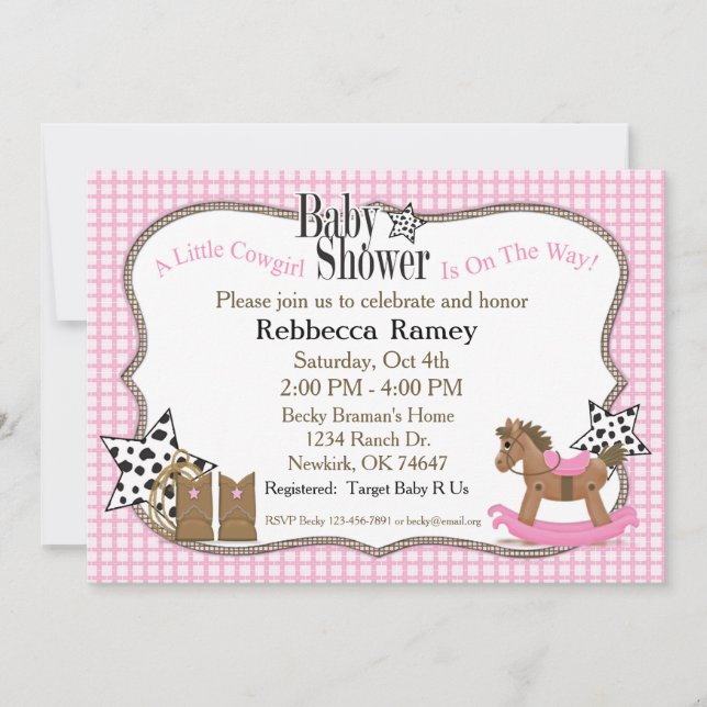 Invitación Vaquera Baby Shower en telas escocesas rosadas (Anverso)