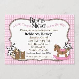 Invitación Vaquera Baby Shower en telas escocesas rosadas
