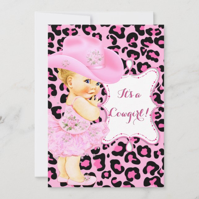 Invitación Vaquera Bebé Dulce Fiesta Rosa Leopardo Niña Rubia (Anverso)