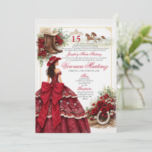 Invitación Vaquera Burgundy Quinceañera Charra Occidental