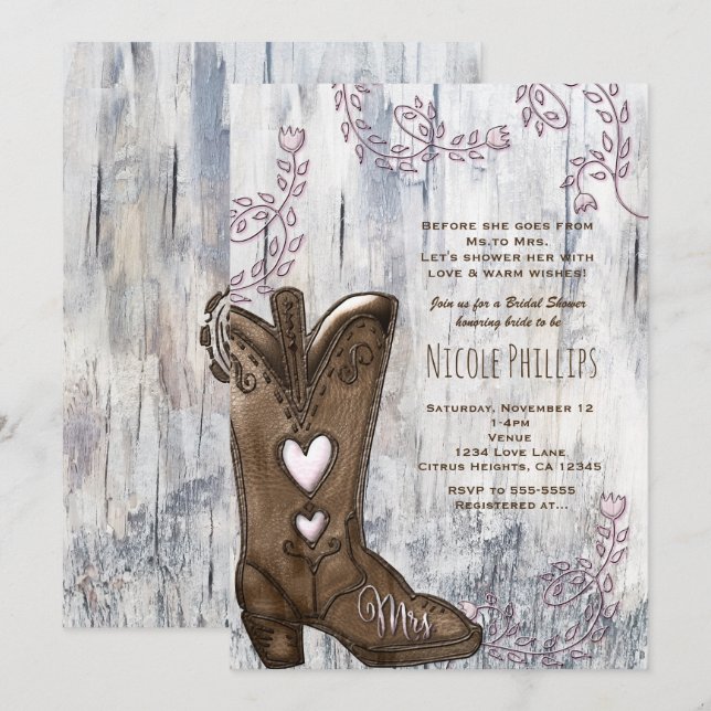 Invitación Vaquera de Corazón Rosa Señora Vaquera Botas Despe (Anverso / Reverso)