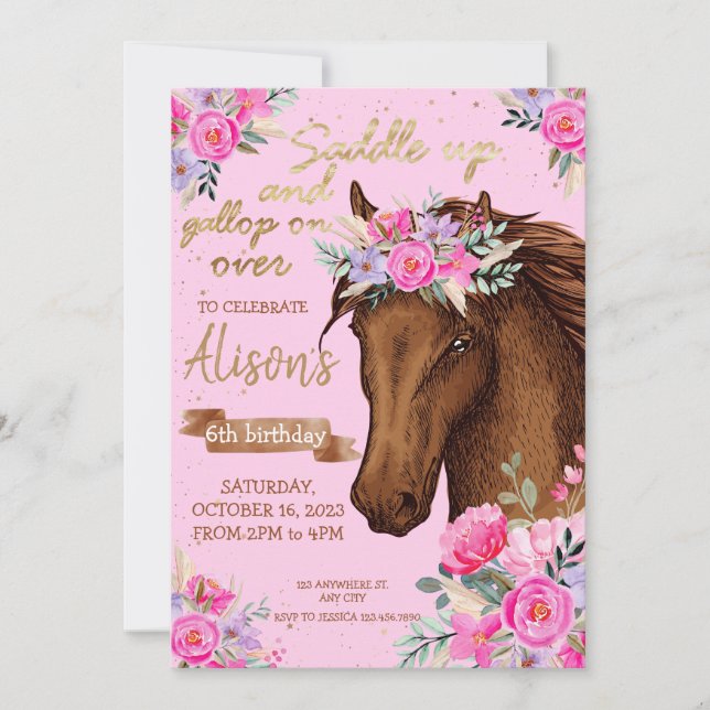 Invitación Vaquera de la fiesta de cumpleaños del caballo ros (Anverso)