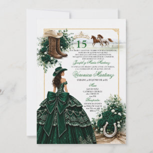 Invitación Vaquera de Verde Cazador Dulces 15 Oscuro Esmerald
