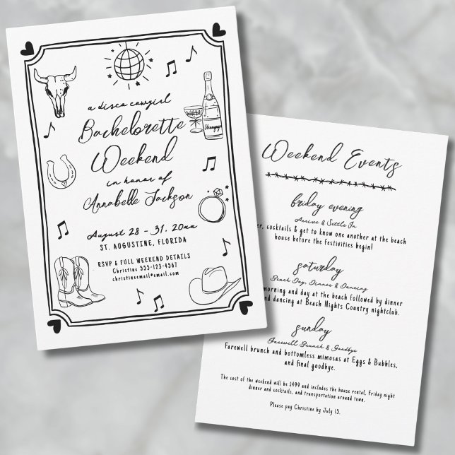 Invitación Vaquera Disco Dibujada a Mano Fiesta de Despedida  (Disco Cowgirl Hand Drawn Bachelorette Party Invitation)