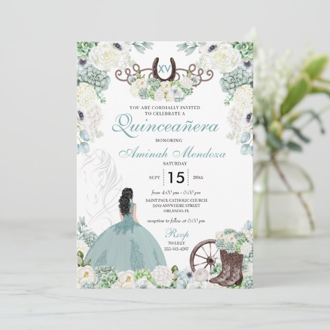 Invitación Vaquera Floral Verde Horseshoe Quinceañera Occiden (Anverso de pie)