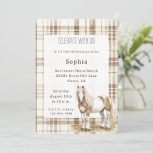 Invitación Vaquera Marrón Cuadros Rayas Cumpleaños Caballo