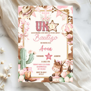 Invitación Vaquera Rosa Bautizo y Primer Rodeo Español Uno
