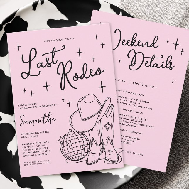 Invitación Vaquera Rosa Disco Último Rodeo Fiesta de Despedid (Pink Cowgirl Disco Last Rodeo Bachelorette Party Invitation)