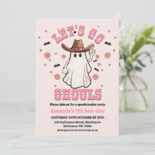Invitación Vaquera Rosa Retro Go Ghouls Halloween Cumpleaños
