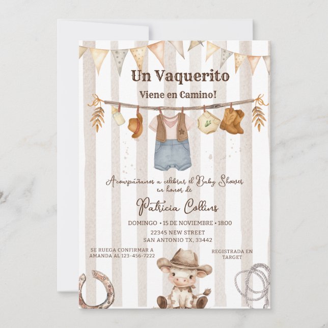 Invitación Vaquerito español Cowboy Clothline Baby Shower (Anverso)