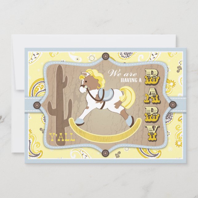 Invitación Vaquero Baby Shower del caballo mecedora de la (Anverso)