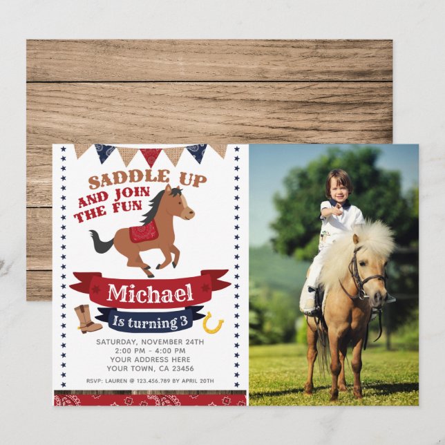 Invitación Vaquero, cumpleaños de caballo con foto (Anverso / Reverso)