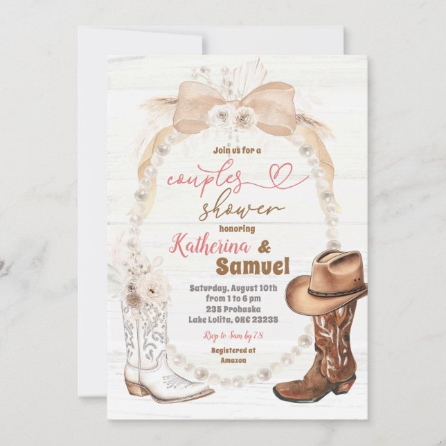 Invitación Vaquero de Pearl Ivory Beige Boots Ducha Parejas (Anverso)