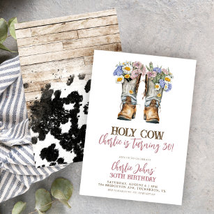 Invitación Vaquero Floral de vaca sagrada bota 30 cumpleaños