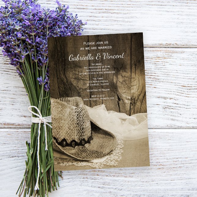 Invitación Vaquero Gorra Barn Wood País Boda occidental Sepia (Subido por el creador)