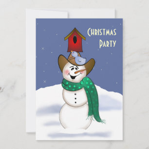 Invitación Vaquero hombre de nieve con casa de pájaros