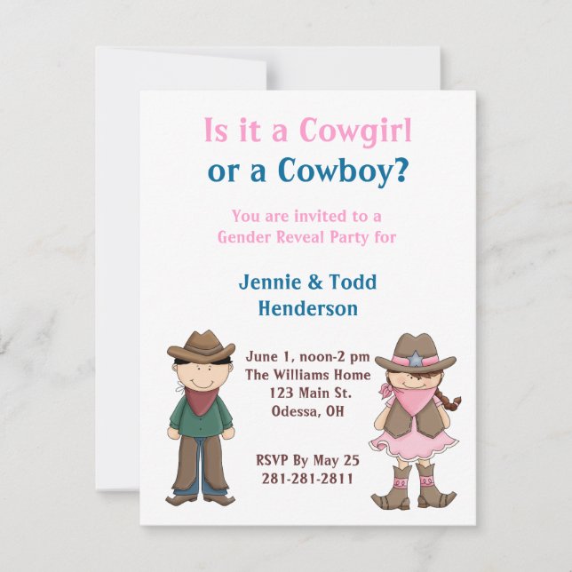 Invitación ¿Vaquero o Cowgirl?Invitación a fiesta de Revelaci (Anverso)