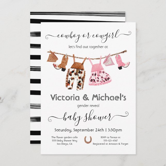 Invitación Vaquero o vaquera revelan Baby Shower en línea de  (Anverso / Reverso)