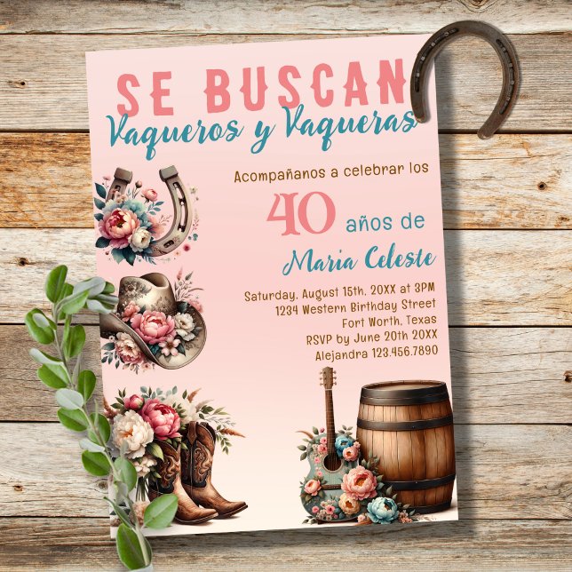 Invitación Vaquero Occidental Español Floral Rosa 40 cumpleañ (Subido por el creador)