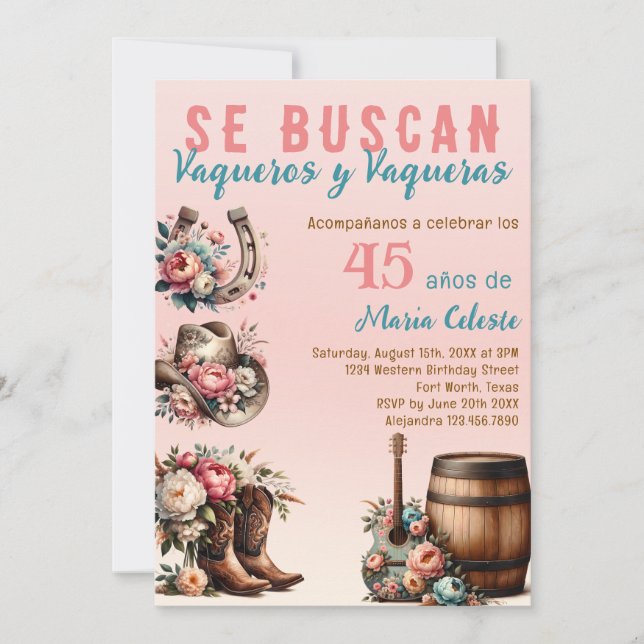 Invitación Vaquero Occidental Español Floral Rosa 45º cumplea (Anverso)