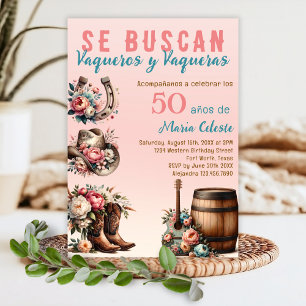 Invitación Vaquero Occidental Español Floral Rosa 50 cumpleañ