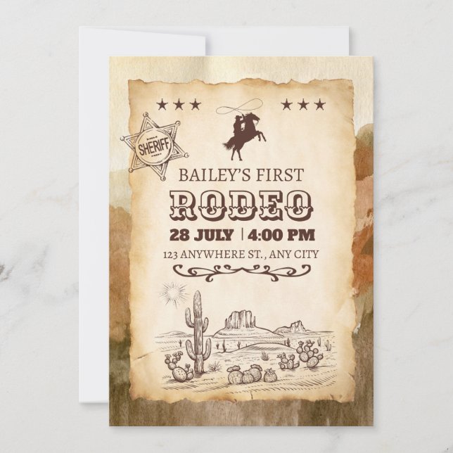 Invitación Vaquero Occidental Rústico Primer Rodeo Cumpleaños (Anverso)
