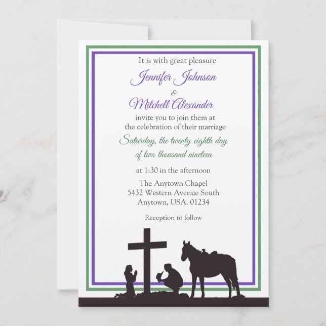 Invitación Vaquero rezando y Boda verde morado de novia (Anverso)
