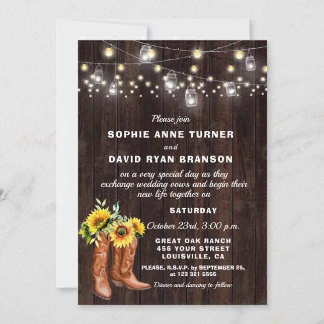 Invitación Vaquero ruso occidental bota a Boda de girasoles (Anverso)