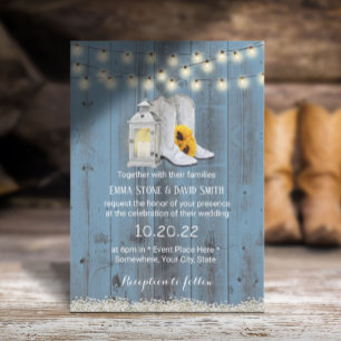 Invitación Vaquero rústico boota a Boda azul turbulento linte
