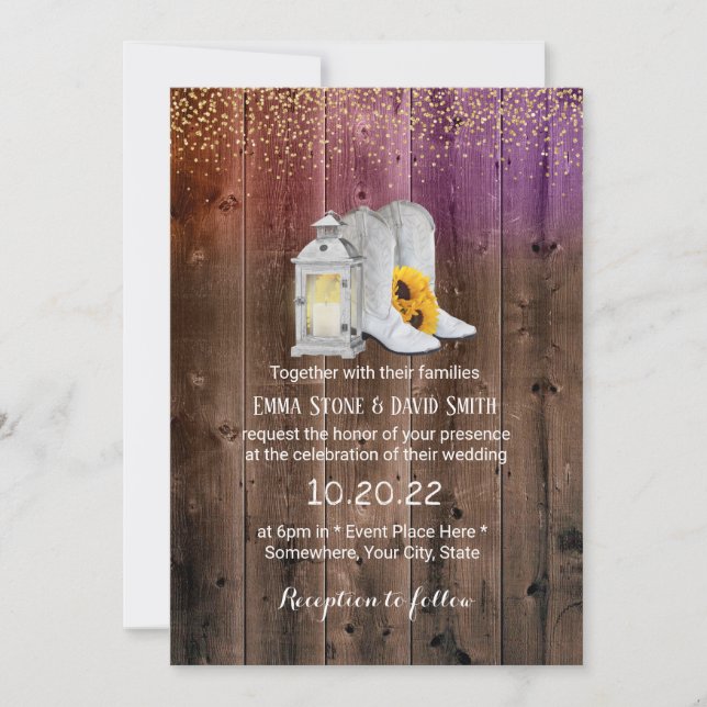 Invitación Vaquero rústico bota Boda Lantern Gold Confetti (Anverso)