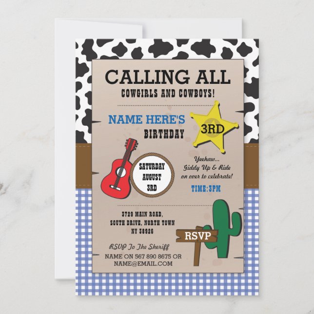 Invitación Vaqueros Blue Check Birthday Sheriff Western Invit (Anverso)