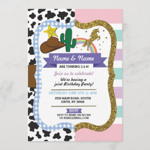 Invitación Vaqueros y Chicas de unicornio invitan al cumpleañ