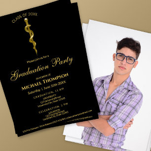 Invitación Vara de Asclepio Médica Dorada Negra Foto de Gradu