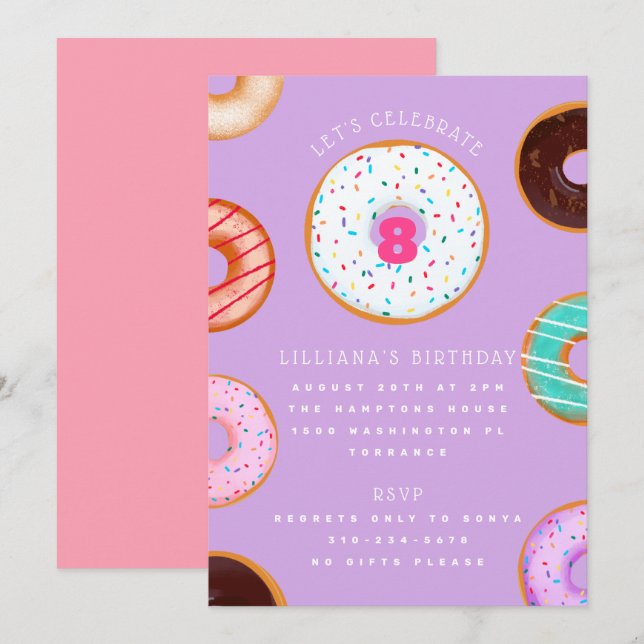 Invitación Variety Donuts Pink Purple Kids Birthday (Anverso / Reverso)