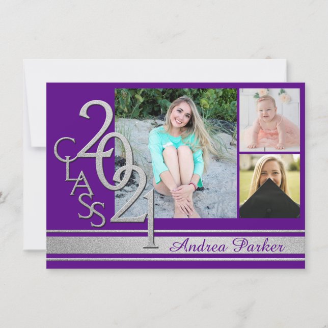 Invitación Varisity 2021 Grad Color Option Tri Photo Invitati (Anverso)