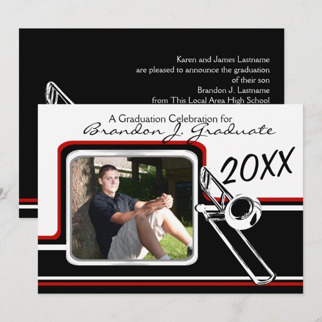 Invitación Varsity Banda Trombone Foto De Graduación Red (Anverso / Reverso)