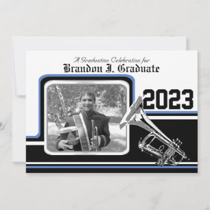 Invitación Varsity Banda Trumpet Graduación Foto Azul