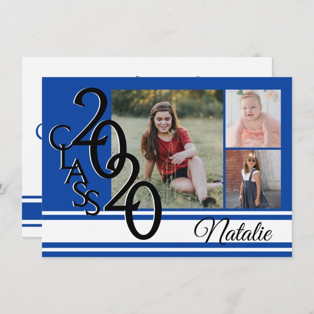 Invitación Varsity Blue 2020 Graduation Tri Photo (Anverso / Reverso)