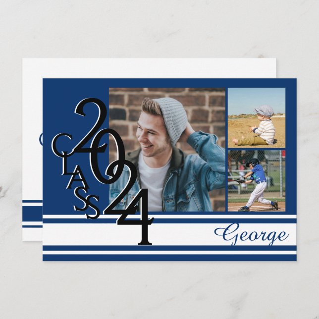Invitación Varsity Blue 2024 Graduación Tri Photo (Anverso / Reverso)