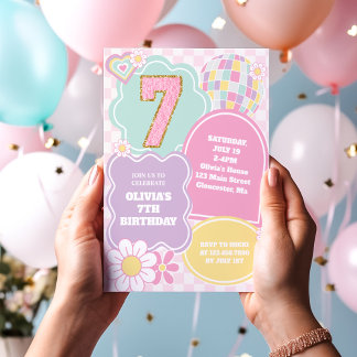 Invitación Varsity preppy parche pastel 7 cumpleaños