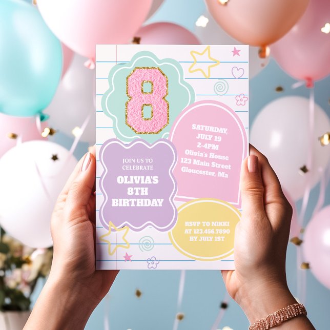 Invitación Varsity preppy parche portátil pastel 8Cumpleaños (Subido por el creador)