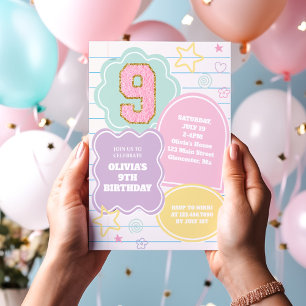 Invitación Varsity preppy parche portátil pastel 9cumpleaños