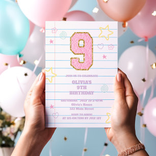Invitación Varsity preppy parche portátil pastel 9cumpleaños