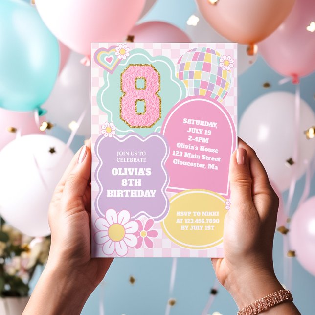 Invitación Varsity preppy pastel parche 8 cumpleaños (Subido por el creador)